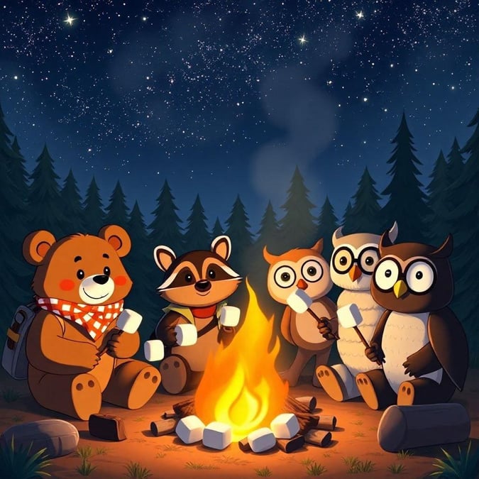 A cozy scene with cartoon animals gathered around a campfire, sharing smores.