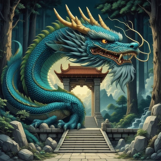 Tauchen Sie ein in die mystische Welt des Animes mit diesem fesselnden Bild eines majestätischen Drachen, der einen heiligen Tempel bewacht.