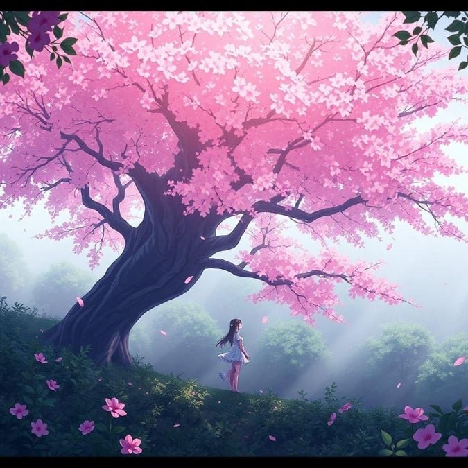 In this serene anime-style illustration, a majestic cherry blossom tree stands as the centerpiece, with its vibrant pink blossoms blooming amidst a misty forest. A small figure of a woman, dressed in a white outfit and carrying a light green parasol, is surrounded by lush greenery that hints at the arrival of spring. The sky above adds a dreamy atmosphere to this enchanting scene.