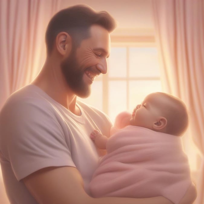 A tender moment between a bearded man and his baby on Father's Day. Warm, soft, and cozy illustration perfect for desktop or mobile backgrounds.