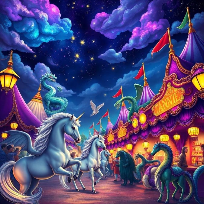 Step into a world of wonder and magic at this fantastical carnival, where mythical creatures come to life under the starry night sky.