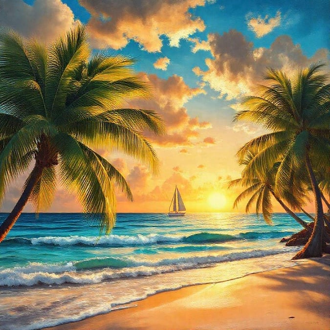 This stunning wallpaper captures the serene beauty of a tropical beach at sunset. The warm hues of the sky and the gentle waves create a peaceful atmosphere, perfect for relaxation.