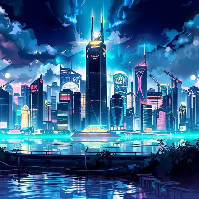 Immerse yourself in the futuristic world of anime with this captivating cityscape wallpaper. The towering skyscrapers and neon lights create a vibrant atmosphere, while the serene lake in the foreground adds a touch of tranquility.