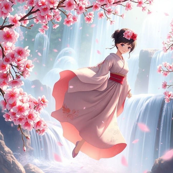 Tauchen Sie ein in die ruhige Schönheit einer Anime-Geisha, die durch einen traumhaften Garten mit blühenden Kirschblüten und nebligen Wasserfällen schwebt.