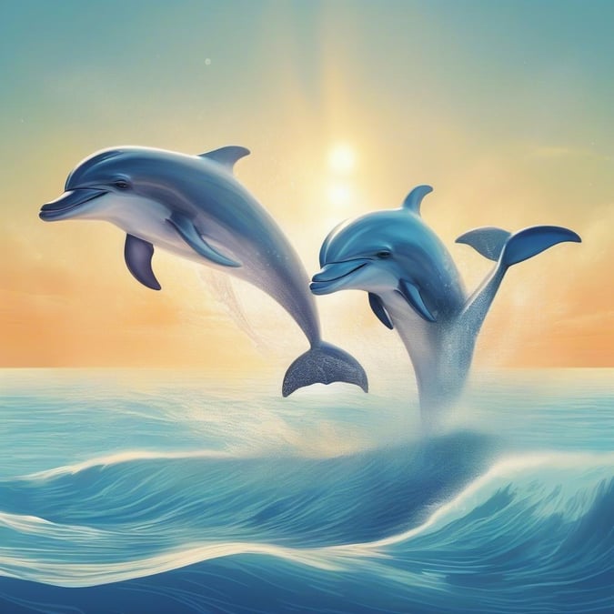 A stunning image of two dolphins jumping out of the ocean, set against a breathtaking sunset backdrop.