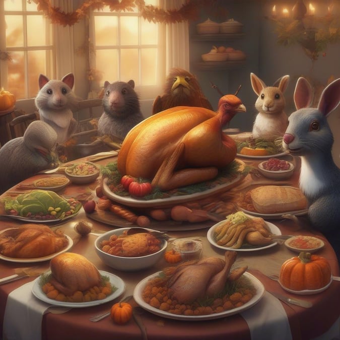 In the spirit of gratitude, these whimsical animals are celebrating Thanksgiving with a feast. They've gathered around a table, eager to partake in a delicious meal together.