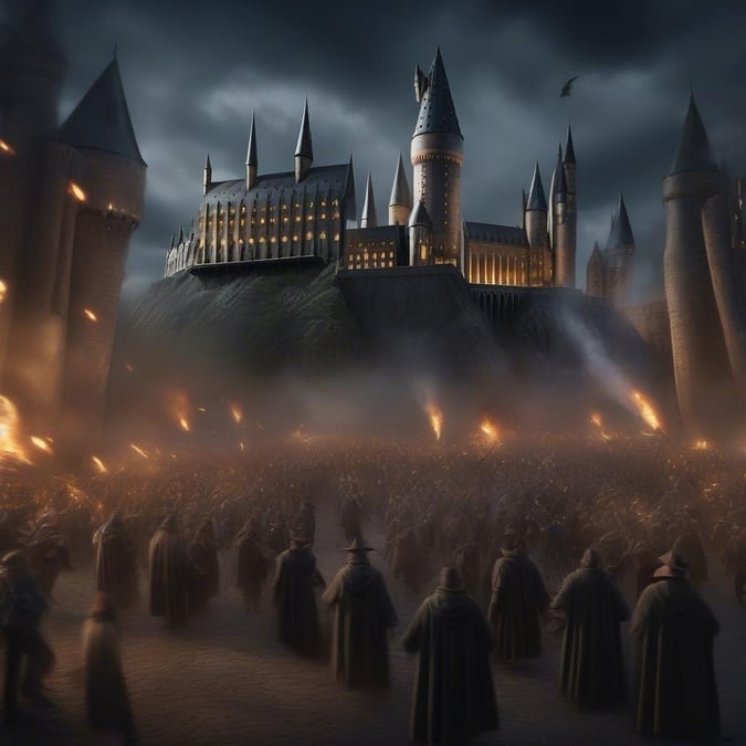 An epic scene from the 'Harry Potter' series, featuring the grand castle of Hogwarts under a stormy sky, with magical wizards in robes standing at attention.