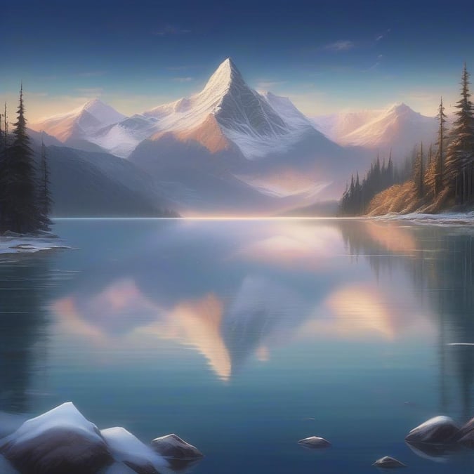 A serene winter scene featuring the majestic peak of a glacial mountain, its reflection perfectly mirrored on the calm water of a tranquil lake. The forest around is blanketed in snow, adding to the peacefulness and beauty of this natural setting.