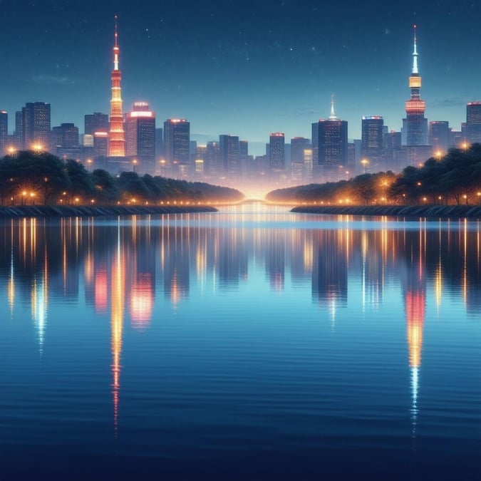 A tranquil evening in a futuristic Tokyo, where neon city lights reflect off the calm lake waters. The city's modern skyscrapers tower over the peaceful lakeside, creating a beautiful contrast between urban life and natural beauty.