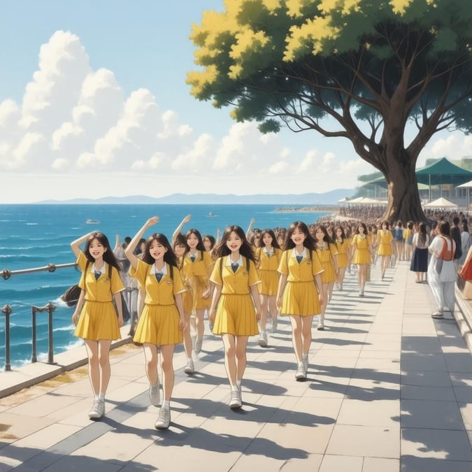 Eine Gruppe von Oberschülern, die entlang einer Promenade am Meer gehen und einen Anime-Stil kreieren.