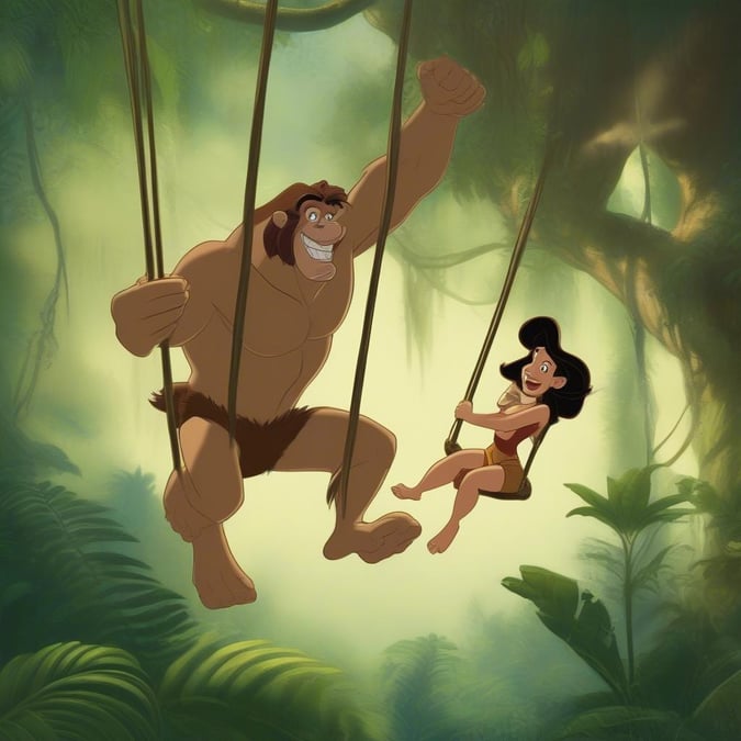 This captivating wallpaper features Tarzan and Jane from Disney's classic animated film, swinging through the lush jungle. The image showcases the iconic duo in a playful and adventurous pose, surrounded by the vibrant greenery of the jungle. The wallpaper is perfect for fans of the beloved Disney movie and anyone looking to add a touch of adventure and whimsy to their desktop or mobile device.