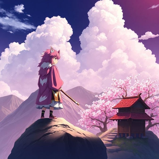 Questo sfondo anime presenta un giovane samurai in piedi su una montagna, circondato da un'atmosfera serena e sognante. Il vibrante pelo rosa e bianco del samurai risalta sullo sfondo scuro, mentre la piccola capanna di legno alla sua destra aggiunge un tocco di calore e accoglienza. La foresta di ciliegi in fiore che circonda la capanna crea una scena bella e pacifica, perfetta per l'uso su desktop e mobile.