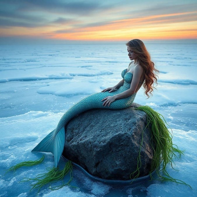 Experience the tranquility of a mermaid at twilight, as she sits gracefully on an icy rock in the chilly sea. Feel the calm of her gaze and the magic that lingers in the air. This serene wallpaper is perfect for your desktop or mobile device under the category of 'Water &#38; Ice'.