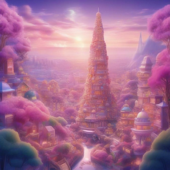 Une silhouette de ville fantastique où chaque bâtiment et structure est fabriqué à partir de bonbons et de sucreries. Un grand arbre au premier plan ajoute une touche de fantaisie à la scène, sur fond d'un arrière-plan flou de teintes roses et violettes qui renforcent son atmosphère onirique.