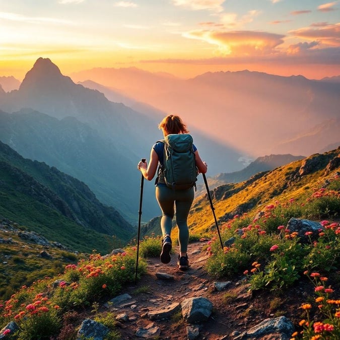 This image captures the beauty of a woman hiking in the mountains, surrounded by breathtaking scenery and stunning vistas.