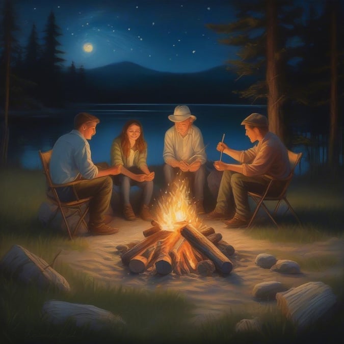 A group of friends enjoying a cozy campfire in the woods, sharing stories and warmth under the night sky.