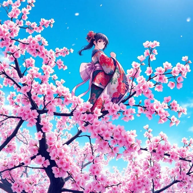 Immerse yourself in the serene beauty of this anime illustration featuring a delicate kunoichi perched on a cherry blossom tree, set against a stunning blue sky and lush garden backdrop.