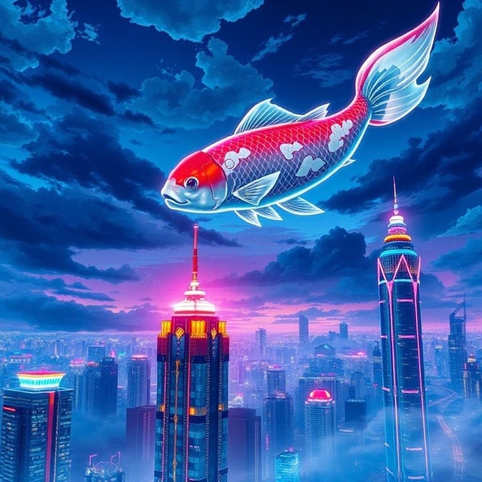 This anime-inspired cityscape wallpaper features a large koi fish soaring through the sky, surrounded by a vibrant and futuristic metropolis. The scene is dominated by blues and purples, with tall skyscrapers forming the backdrop. The foreground highlights a brightly lit building with a glowing top, while the background showcases a smaller building with a similar design. The illustration captures a sense of motion and depth, focusing on the koi fish and the surrounding city.