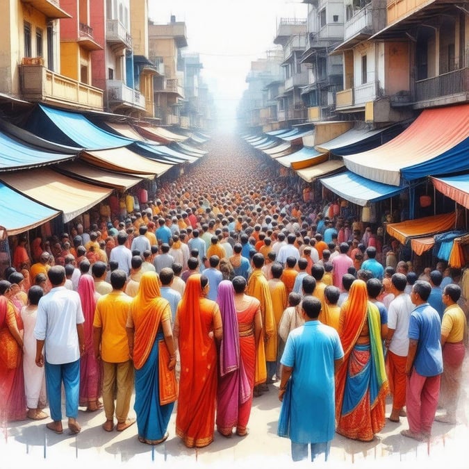 A vibrant street market in India, bustling with locals in traditional attire, offering a glimpse into daily life.