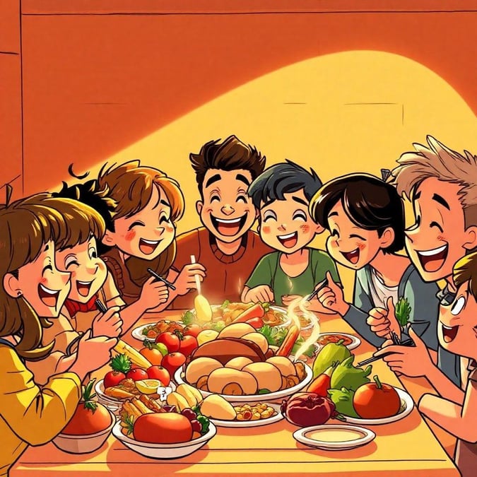 A cartoon family enjoying a festive Thanksgiving meal together. Share the joy with this cheerful wallpaper.