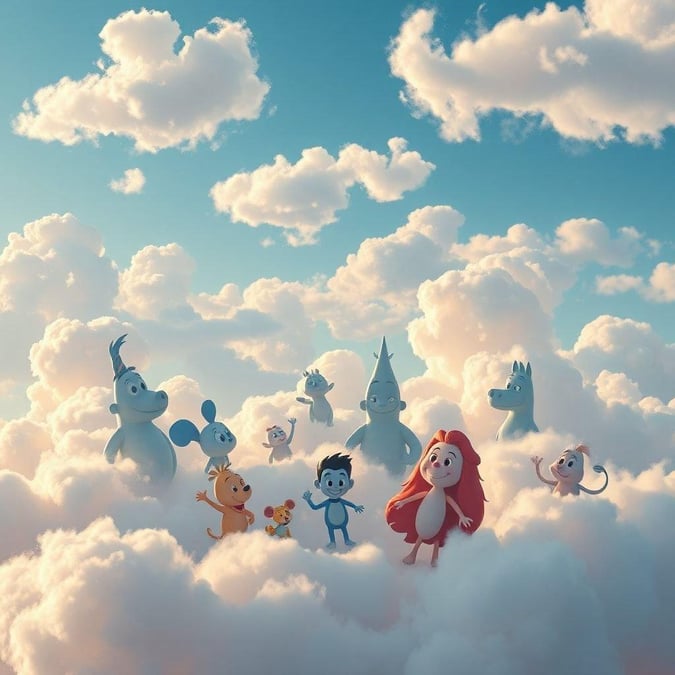 This wallpaper features a dreamy sky with cartoon characters floating in the clouds. The characters are from popular cartoons and are depicted in a playful and whimsical manner. The sky is a soft blue color with fluffy white clouds, creating a sense of depth and dimension. The overall effect is one of joy and wonder, making this wallpaper perfect for anyone who loves cartoons and fantasy.