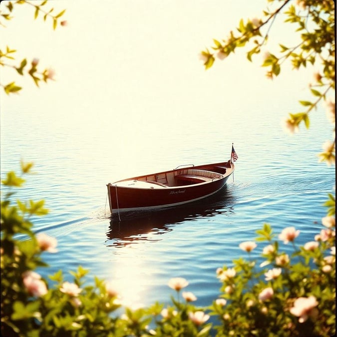 A serene scene of a boat gliding on the lake, surrounded by lush greenery and vibrant flowers.