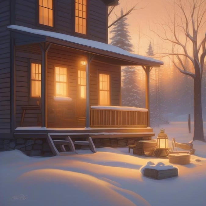 A tranquil winter scene featuring a warmly lit cabin nestled in the snow. The setting sun casts a beautiful glow over the landscape, creating an atmosphere of holiday cheer and relaxation.