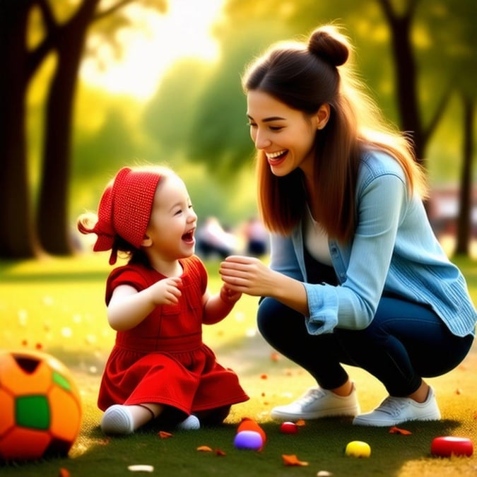 A delightful scene of a mother and baby enjoying a sunny day at the park. The joy of the child is palpable, and the pride on the mother's face reflects her love and care. This image captures a moment of pure happiness, suitable for Mother's Day celebrations.