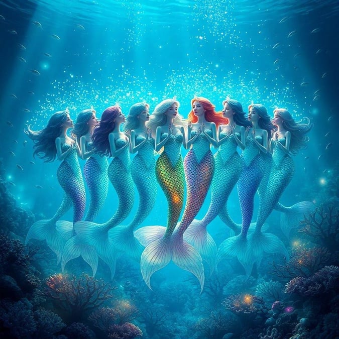 Six mermaids in a deep sea coral reef, singing together with joyous spirits.