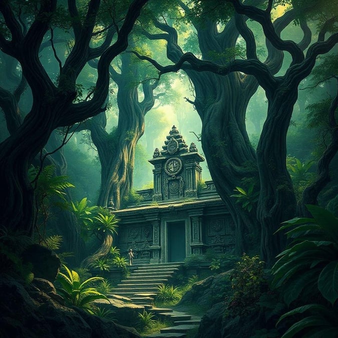 Step into an ancient jungle temple where time stands still, surrounded by towering trees that guard the secrets of ages past.