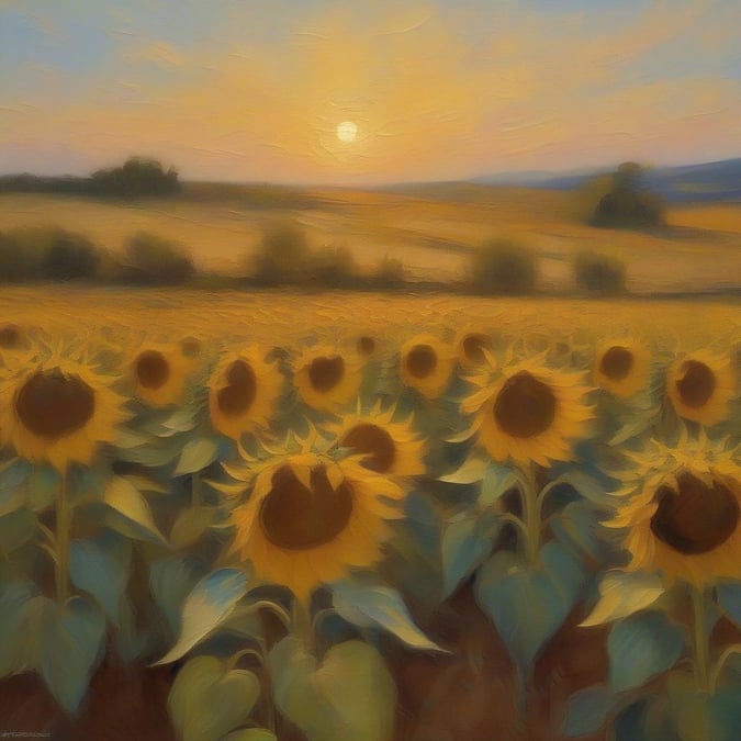 Sunshine illuminates the golden field of sunflowers as the sun dips below the horizon, casting a warm glow across the landscape.