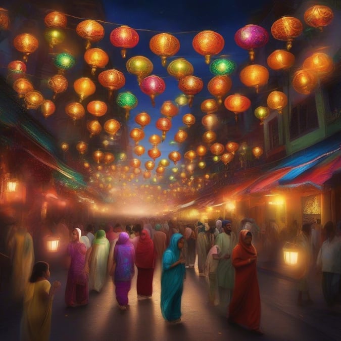 Experience the magic of Ramadan and Eid with this stunning marketplace wallpaper. The image showcases a bustling street filled with colorful lanterns, people dressed in traditional attire, and a sense of community and joy. This wallpaper is perfect for anyone looking to add a touch of cultural diversity and celebration to their digital space.