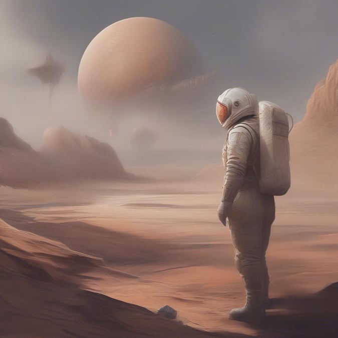 A solitary astronaut on the surface of Mars, standing against the backdrop of a red sky and distant planets.