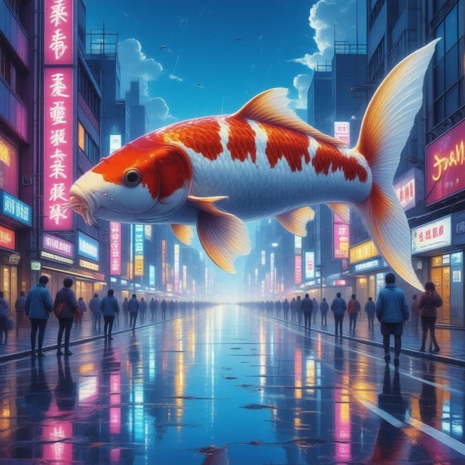 Immerse yourself in the vibrant world of anime with this stunning cityscape wallpaper, featuring a majestic giant koi fish swimming above a futuristic city at dusk.