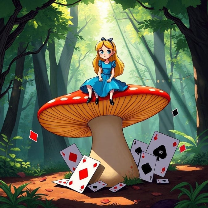 This wallpaper features Alice from the beloved children's book and movie, 'Alice in Wonderland.' The image showcases Alice sitting on top of a mushroom, surrounded by playing cards, in a whimsical forest setting. The artwork is colorful and vibrant, making it a delightful addition to any desktop or mobile device.