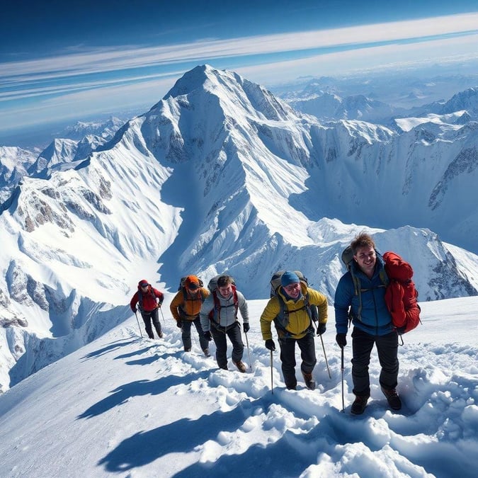 This breathtaking image captures the thrill of mountain climbing, with a group of adventurers ascending a snow-covered peak. The stunning scenery and sense of adventure make this image perfect for anyone who loves exploring the great outdoors.