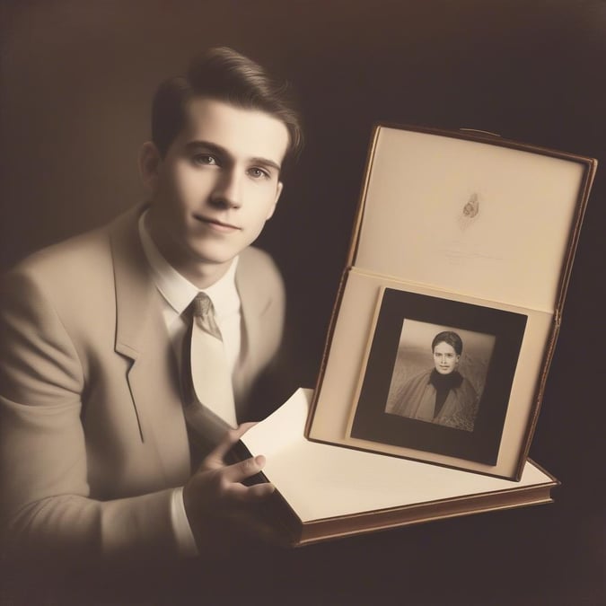 A man in a suit holding a photo album, surrounded by a subtle yet elegant design.