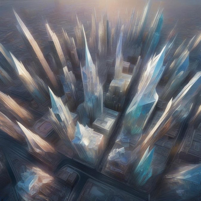 The city skyline rises from the ground in a mesmerizing crystal pattern, with towers that are jagged and pointed like ice. The architecture is futuristic, yet organic, creating an otherworldly atmosphere.