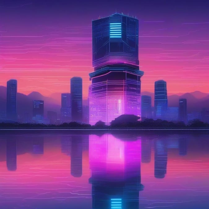 En anime-inspirerad stadslandskap vid skymning, med en futuristisk japansk skyskrapa och en livlig neonlysdisplay. Byggnadens yta reflekterar glöden från omgivningen och skapar en lugn och drömlik atmosfär.