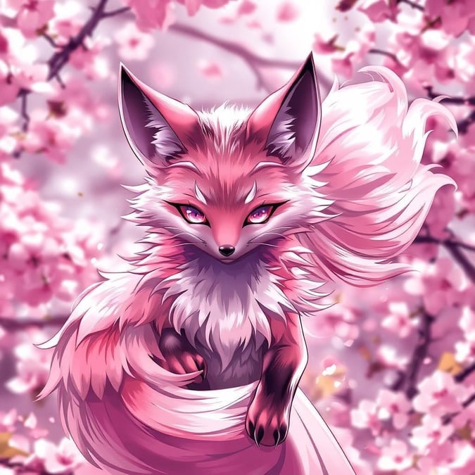 Diese Anime-Illustration zeigt einen Fuchsgeist mit lebhaftem rosa-weißen Fell, der in einem Kirschblütenfeld tanzt. Der Hintergrund ist ein verschwommener pinker Blumenmeer, das der Szene Tiefe verleiht. Die ausdrucksvollen Augen des Fuchses fangen einen Moment der Ruhe ein, was dieses Bild perfekt für diejenigen macht, die Anime und Natur lieben.