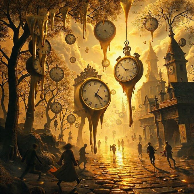 In this artistic scene, a town is enveloped in an ethereal mist with clock hands seemingly floating on the street. It's as if time has paused its relentless march and joined the people of the town for a moment of shared tranquility.