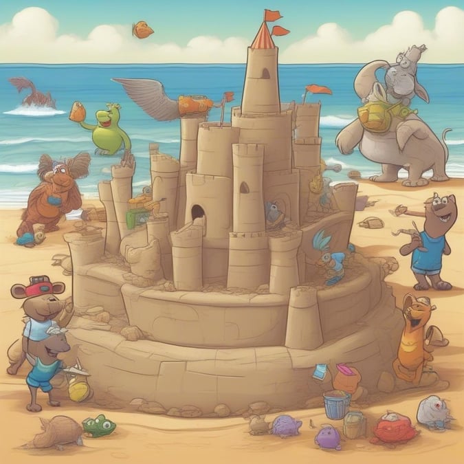 A lively scene at the beach where a group of cartoon animals are building a sand castle. The sky is clear and blue, perfect for a day at the beach. The characters are excitedly participating in the construction, with various building materials scattered around them. This image captures the joy and creativity of a classic beach activity.