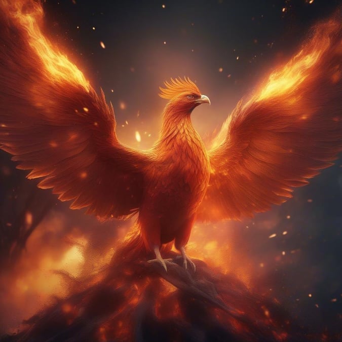 A majestic phoenix, symbol of rebirth and renewal, soars against a fiery backdrop, embodying the spirit of fantasy worlds.