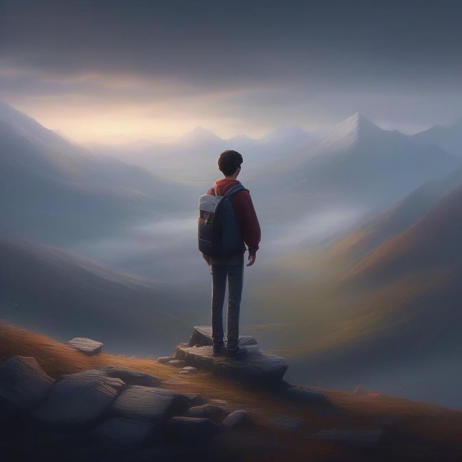 A young boy stands atop a mountain, gazing out at the breathtaking view, ready for whatever adventures lie ahead.