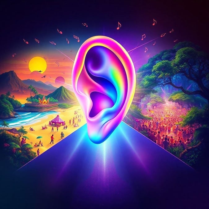 Embark on an aural adventure with this trippy music-themed wallpaper. Featuring a futuristic earbuds icon, this psychedelic backdrop transports you into a symphony of vibrant colors and lively scenes. Crank up the tunes and let this wallpaper guide your spirit to new sonic heights.