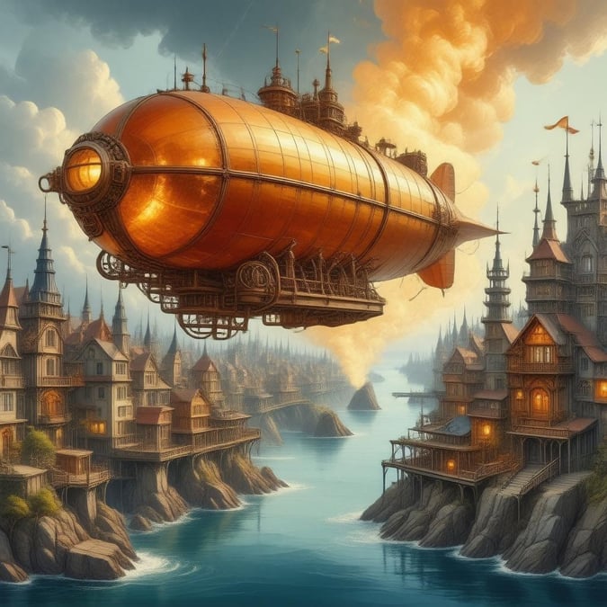 An adventurous steampunk airship descends over a picturesque seaside town where warm orange and yellow steam billows from it. The intricate designs on the airship's side add to its majestic presence above the charming buildings nestled along a winding river.