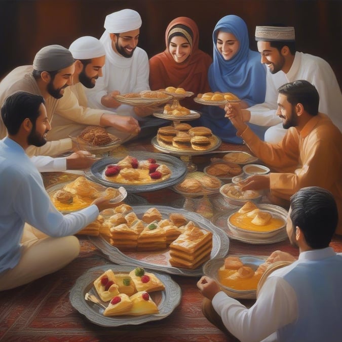 A joyous scene of family and friends gathering around a table laden with traditional sweets, sharing laughter and the sweetness of life during the festive season.