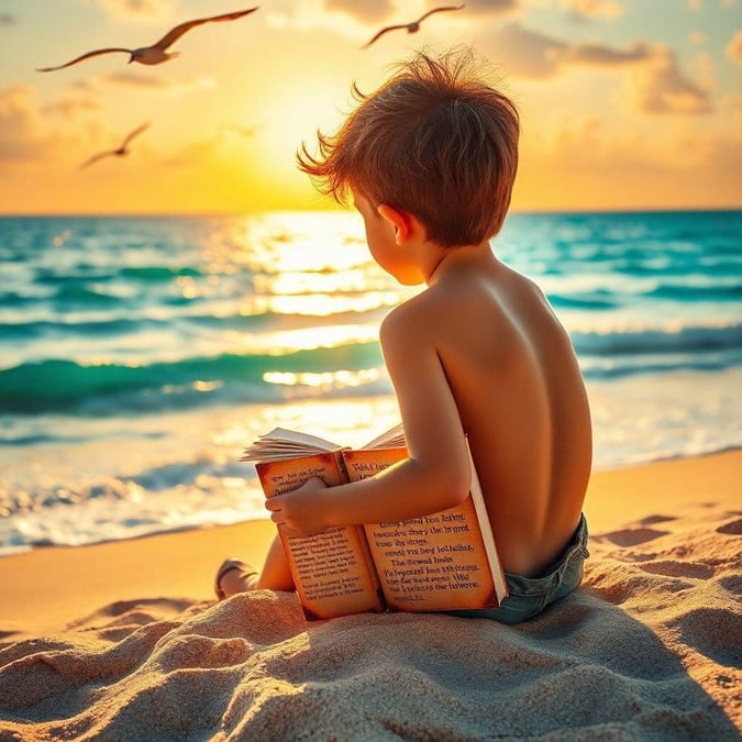 A young boy, with his back turned to the camera, sits on the beach at sunset, reading a book. The ocean extends into the horizon, meeting the sky where birds fly. The warm colors of the sunset provide a peaceful backdrop to this moment.