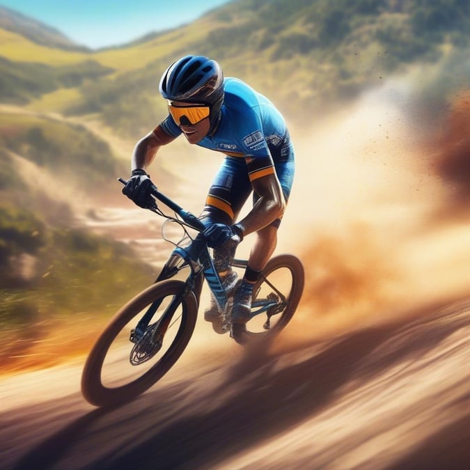 A thrilling scene of an athlete in action, showcasing the intensity and excitement of mountain biking on a dirt track.