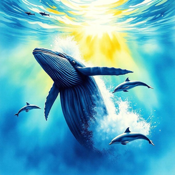 This beautiful wallpaper features a majestic whale and playful dolphins swimming in the ocean, creating a stunning visual display that will transport you to a world of serenity and wonder.